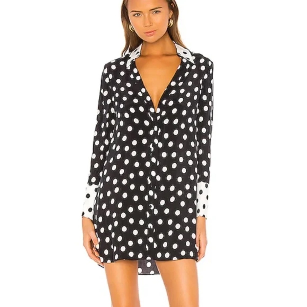 Alice + Olivia Halima French Cuff Black & White Polka Dot Shirt Dress